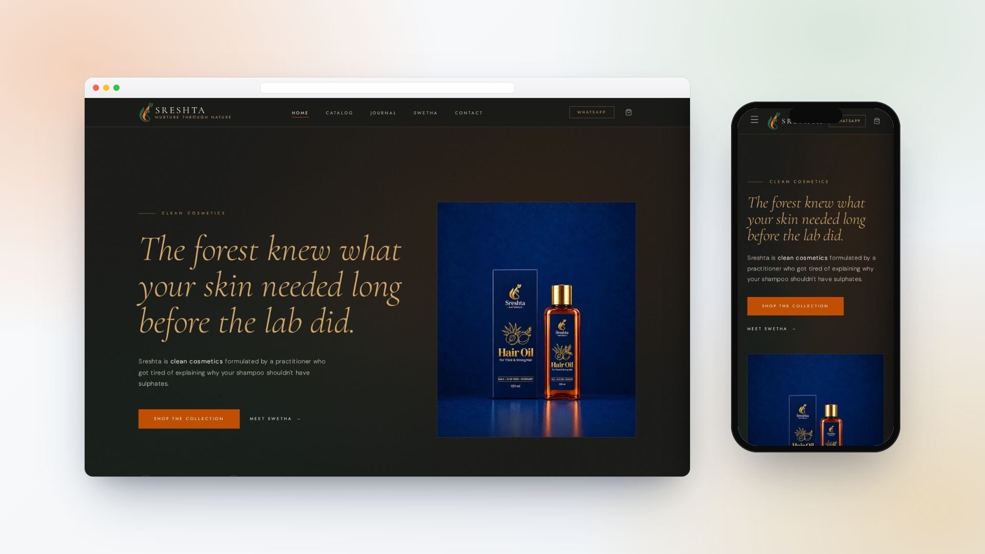 Sreshta Naturals Shopify store designed by Click Worthy, shown on desktop and mobile